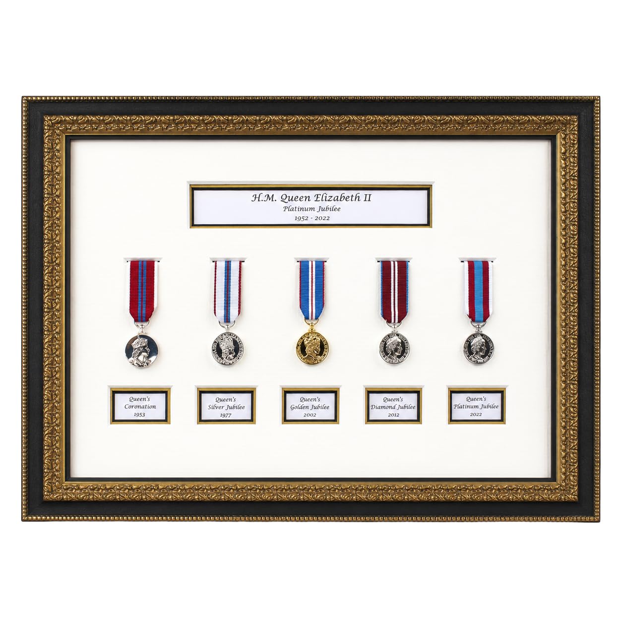 NOT JUST A PRINT Empire Medals Queen Elizabeth II Platinum Jubilee Limited Edition Miniature Medal Collection, Framed Display, 35x25cm