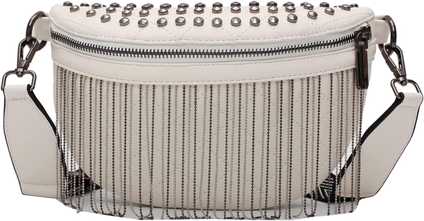 Mily Women Girls Glitter Rhinestone Tassel Crossbody Shoulder Bag Leather Fanny Pack Rivet Chest Fashion Waist, 5942+White (bb-05942-02S)