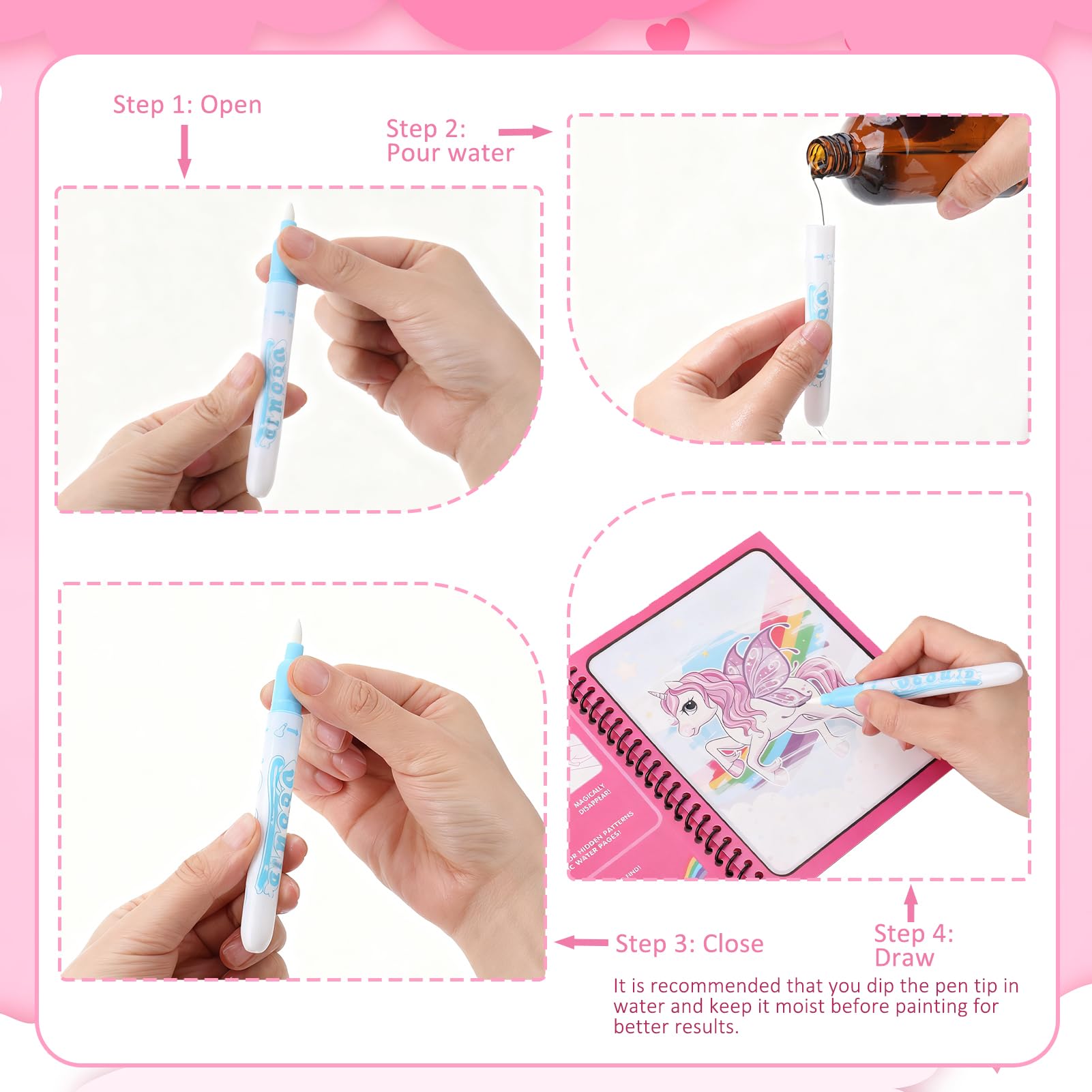 GSrenyu 8 Set Water Colouring Books for Kids Reusable Water Painting Books with 8 Water Pen - Image 3