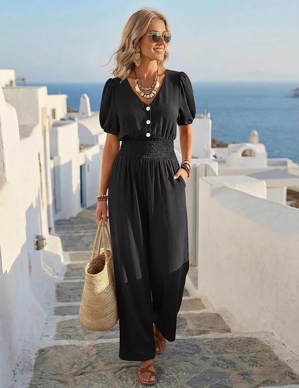 LOOKBOHO Black Jumpsuit for women Dressy Short Sleeve Wide Leg Pants Romper image 2