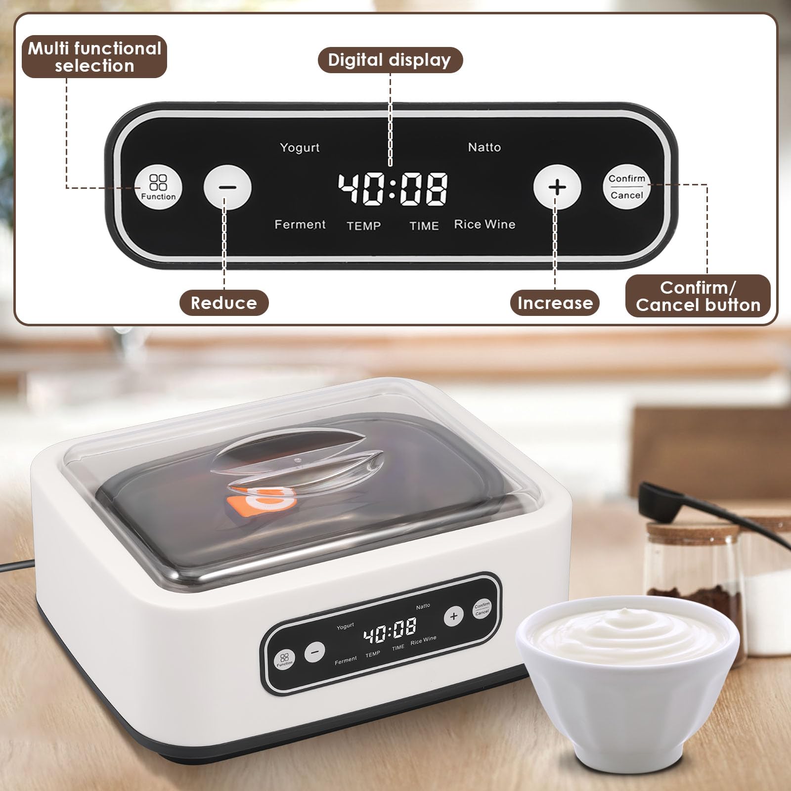 Hevtsde Digital Yogurt Maker Machine Kit with Display Multipurpose Large Capacity Yogurt Maker with Temperature Control for Your Home