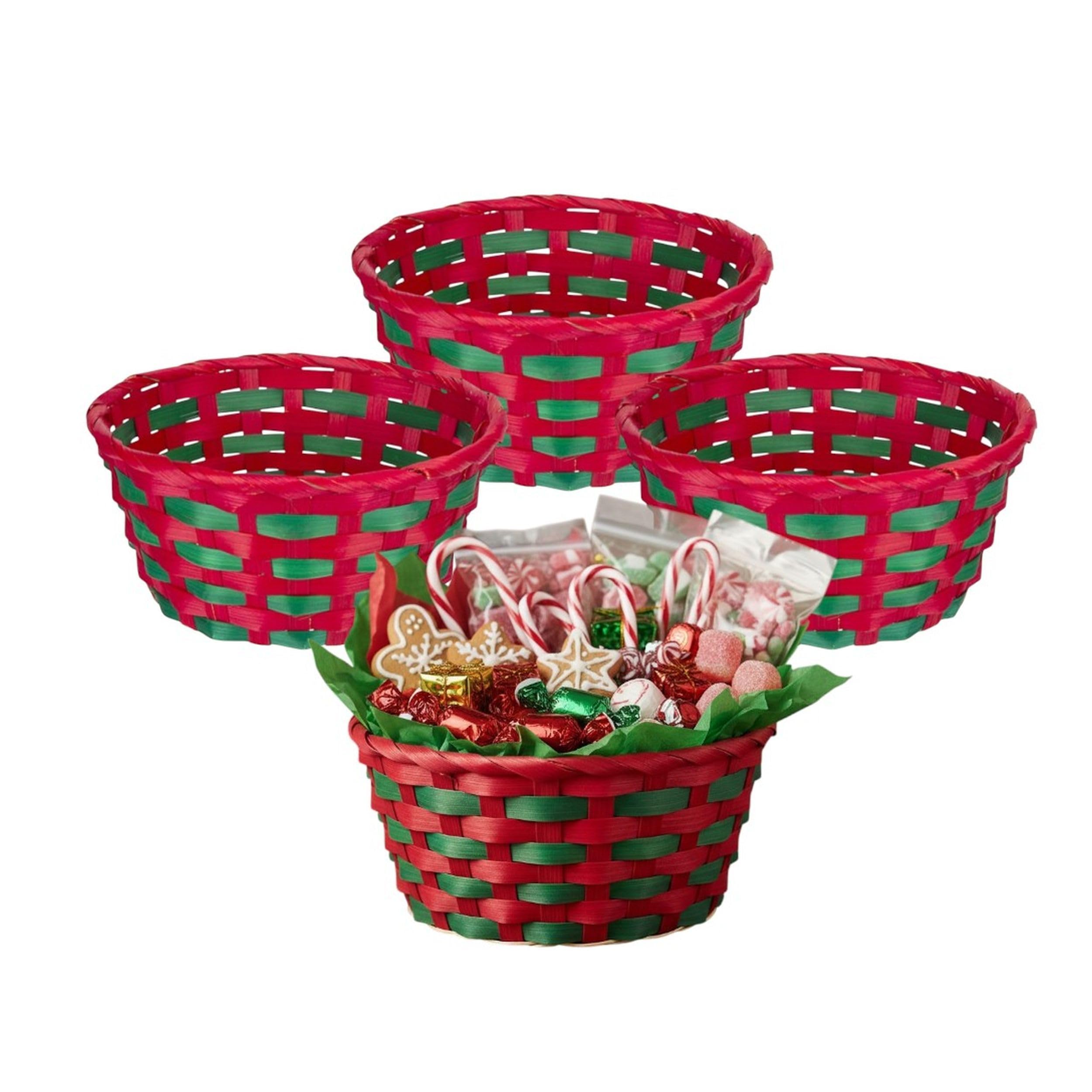 4 x Fill Your Own Christmas Hamper Basket - Small Round Gift Box - Red & Green Woven Basket - Make Your Own Sweet Hamper Bouquet Or Christmas Table Centerpeice - 21cm x 10cm