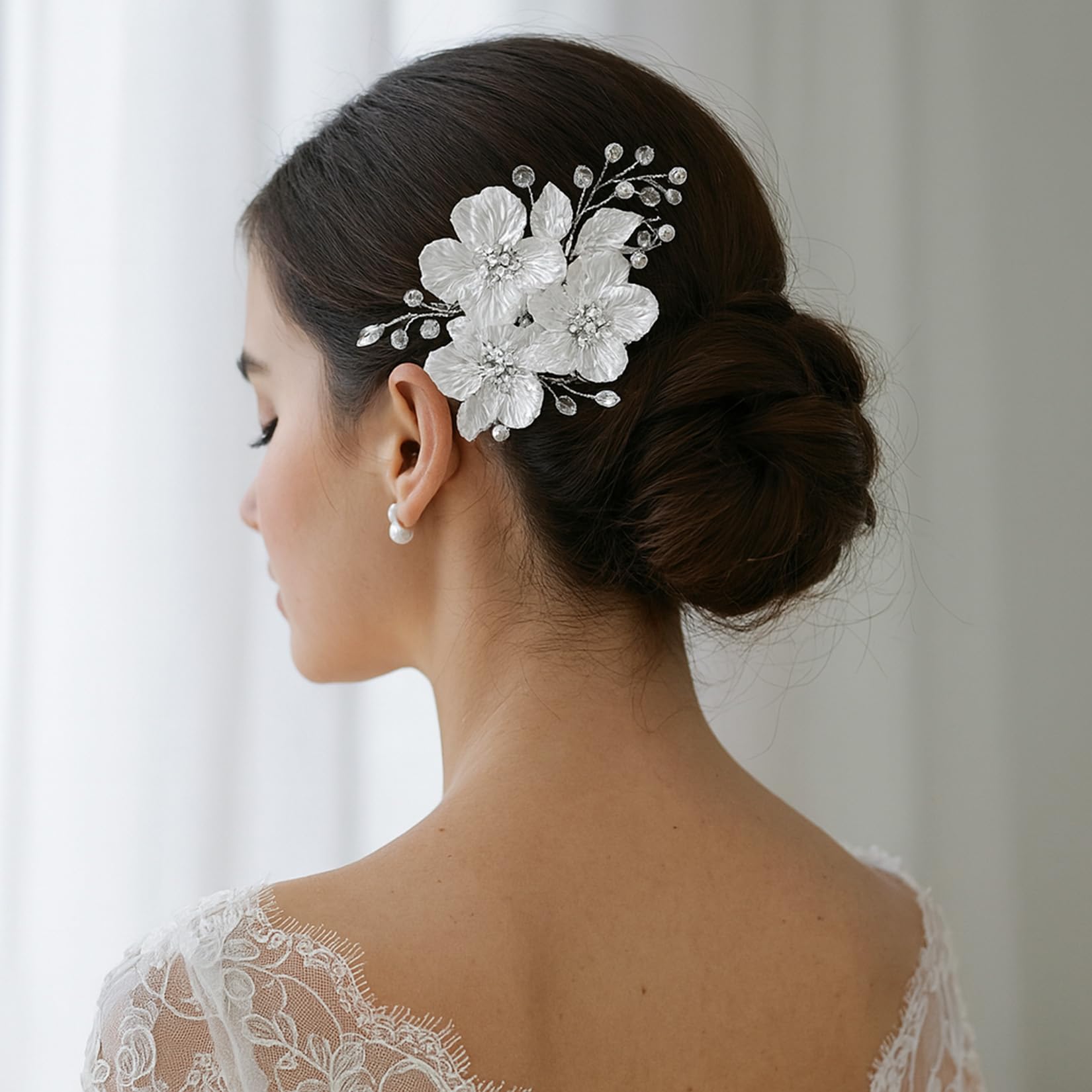 Elegant White Floral Pearl Hair Comb with Crystal Rhinestones - Image 4