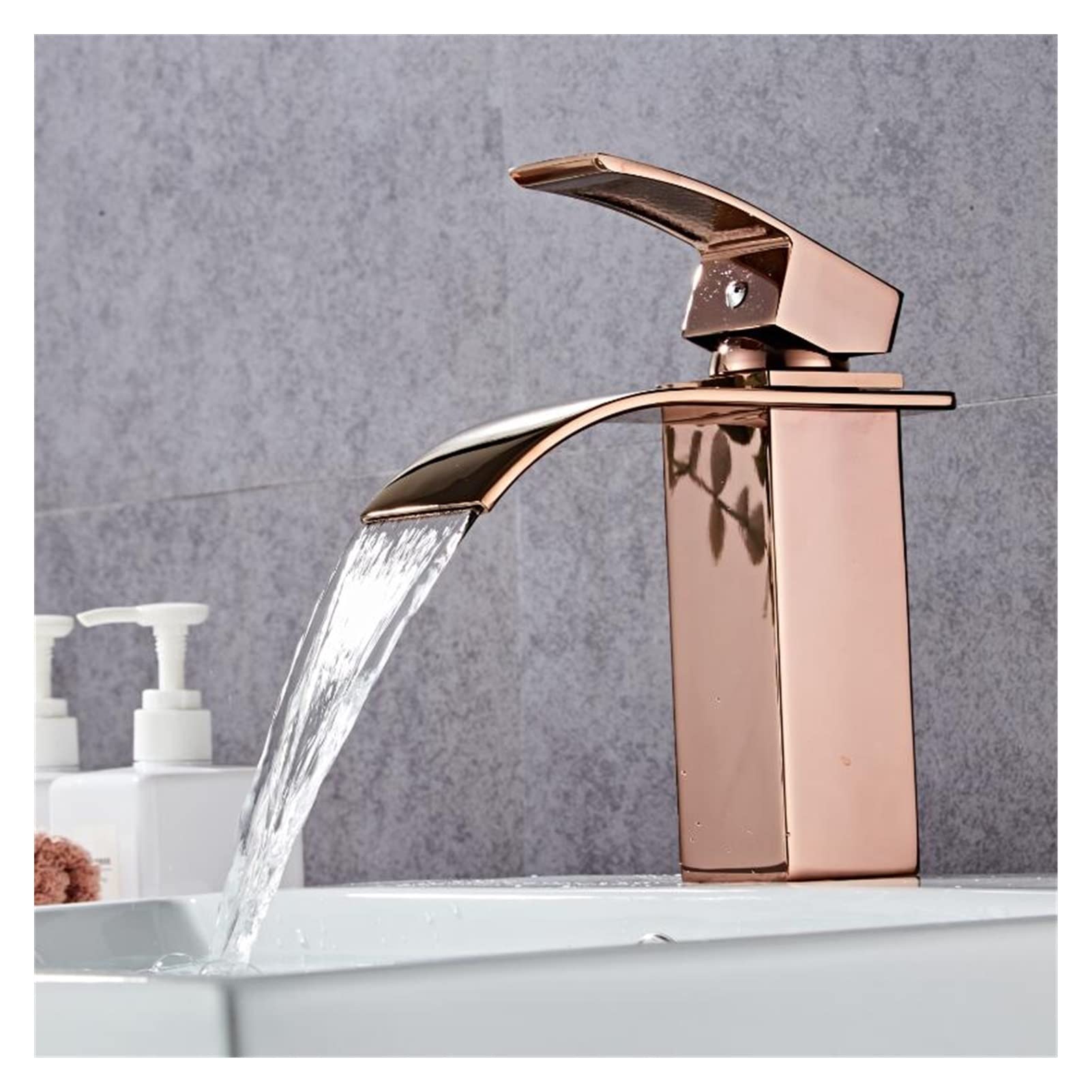 Elegante Grifo de baño de Oro Rosa, Grifo Mezclador para Lavabo de latón Macizo, Cascada Caliente y fría, Grifo de Fregadero de Cocina montado en Cubierta de una Sola manija