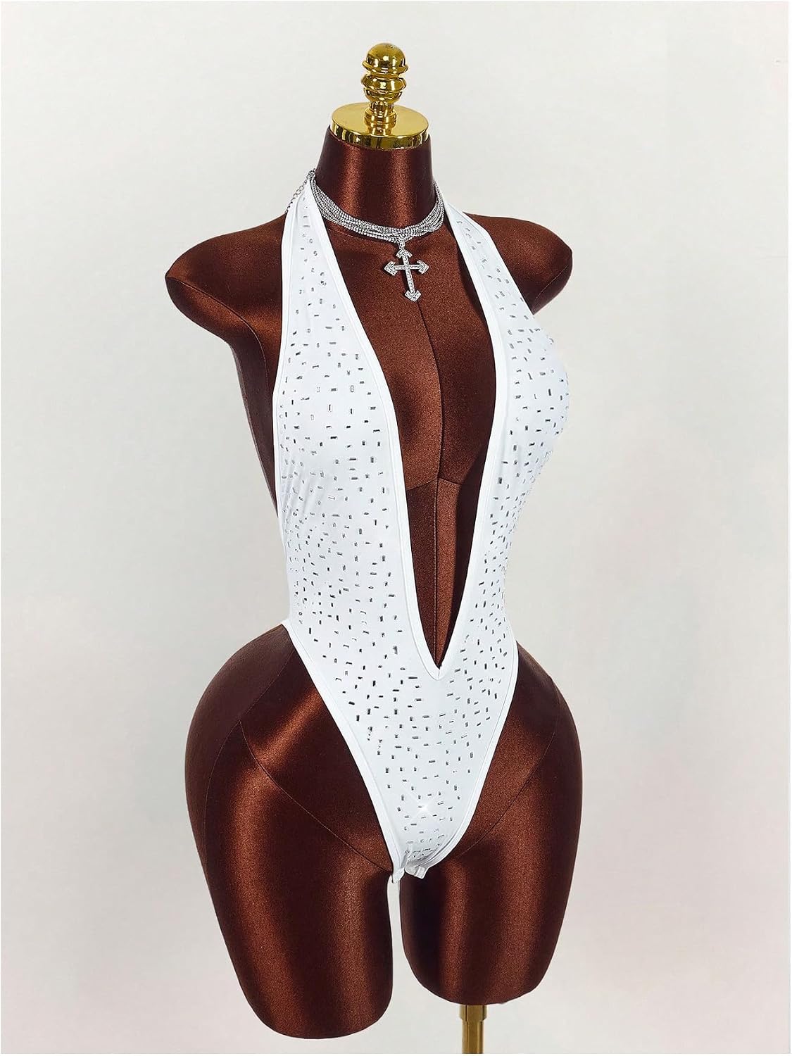 SHENHE Women's Glitter Rhinestone Plunge Deep V Halter Bodysuits Open Back Sexy Sparkly Bodysuit