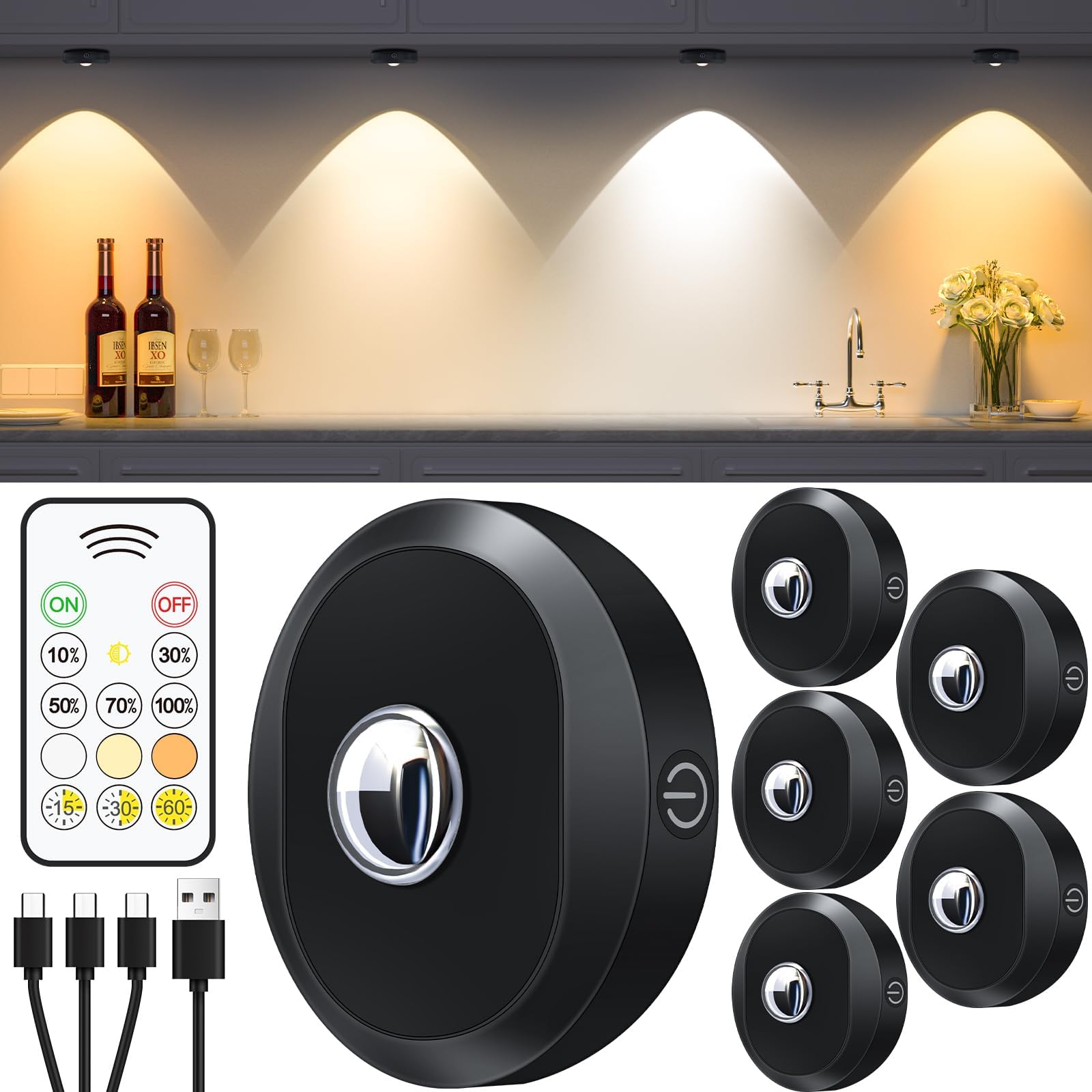 WILLED Under Cabinet Kitchen Lights Rechargeable, LED Puck Light with Remote Control, 3 Color Temperatures, Timing Function, Stick on Lights for Cupboards, Cabinets and Closet (6 Pack)