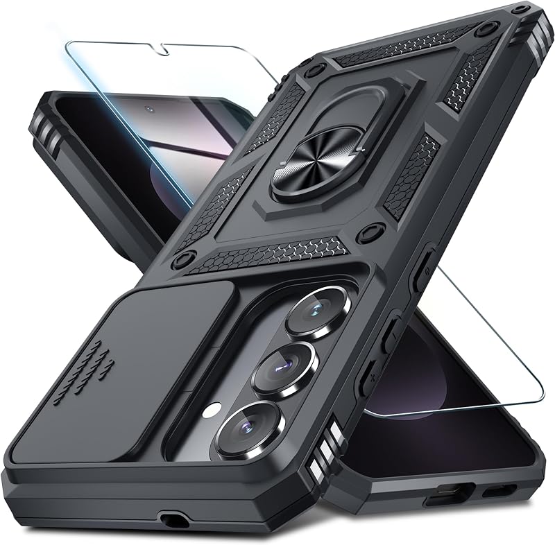 Janmitta for Samsung Galaxy S26 Case Built in Slide Camera Cover,Black | with Tempered Glass Screen Protector+Finger Ring Holder Kickstand,Heavy Duty Shockproof Full Body Phone Cover