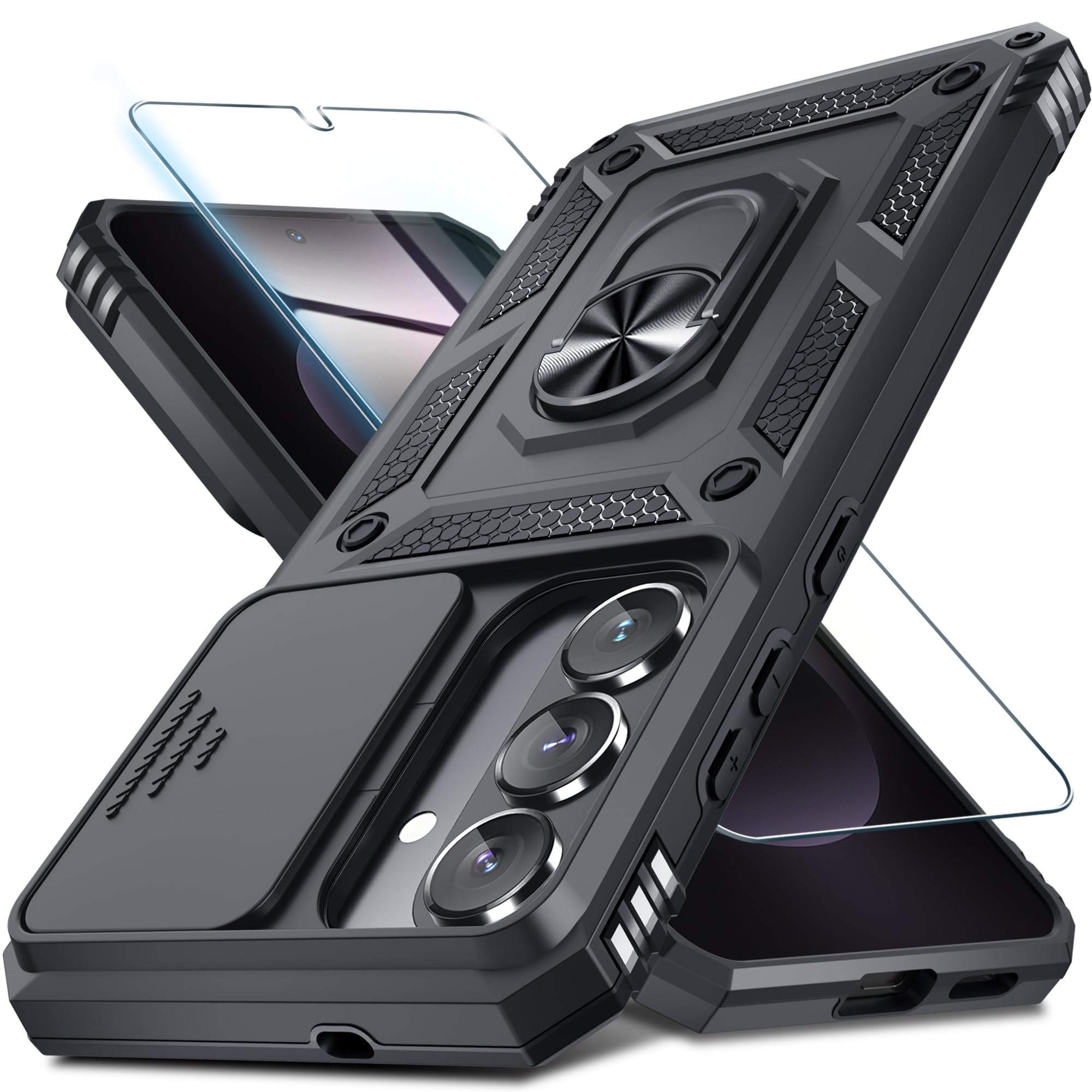 Janmitta for Samsung Galaxy S26 Case Built in Slide Camera Cover,Black | with Tempered Glass Screen Protector+Finger Ring Hol