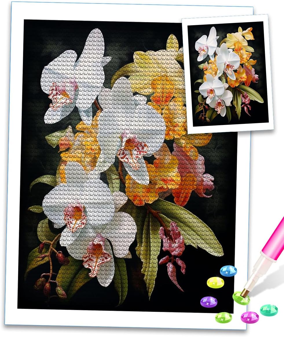 Orchid Flowers White and Yellow Orchid 5D Diamond Painting Kits by Number for Adults Diamond Art Full Round Drill Color Rhinestone Embroidery Craft Kits for Christmas Xmas Holiday Decor 12x16inch