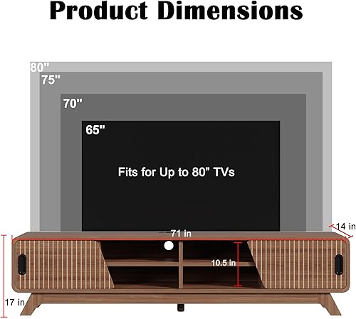 Miniatura 3 de 70" TV Stand for up to 80 inch TVs with Power Outlet, Mid Century Modern Entertainment Center with Storage Cabinets & Adjustable Shelves, Long TV
