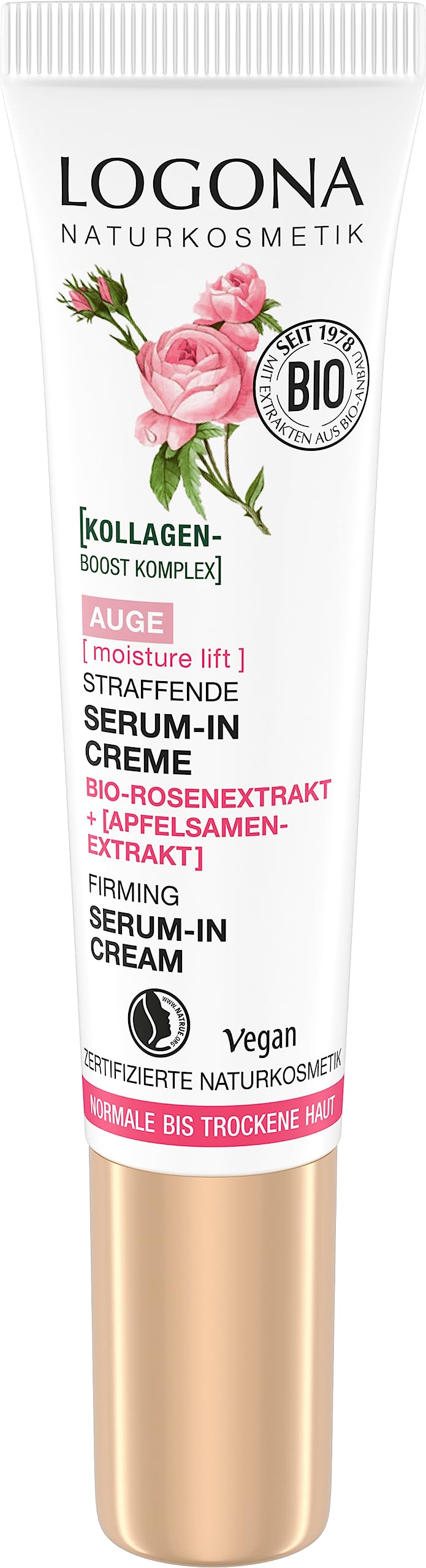 LOGONA Naturkosmetik straffende Serum-in-Creme Augencreme, feuchtigkeitsspendende Creme für eine geglättete Augenpartie, vegane Augenpflege mit Kollagen und Bio-Rosenextrakt, Moisture Lift, 15ml