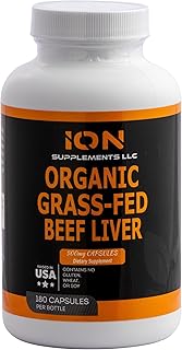 100% Organic Grass Fed Beef Liver Capsules (180 Caps) - Pasture Raised - Iron, Vitamin A, B, Collagen - Promotes Energy, Detoxification, Whole Body Wellness - Ancestral Paleo Living - Ion Supplements
