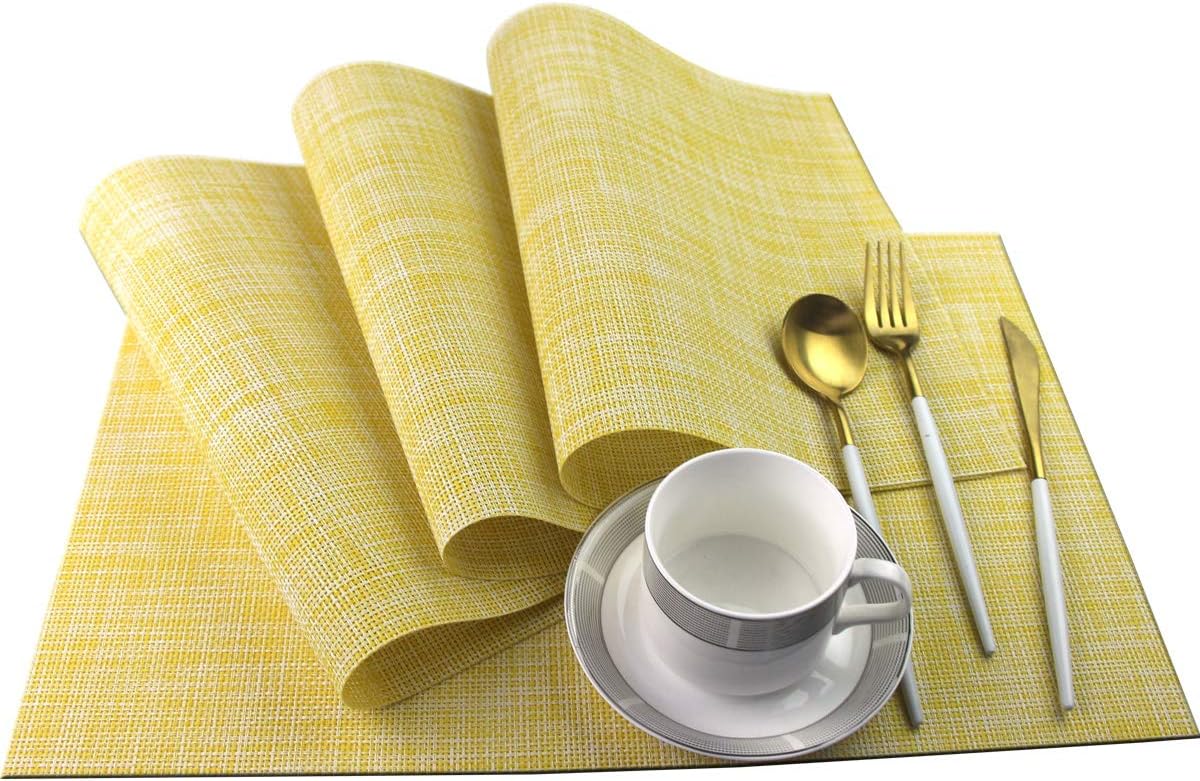 Bright Dream Placemats for Dinning Table Washable Heat Resistant 12x18 inches Woven Vinyl Table Mats Set of 4(Yellow)