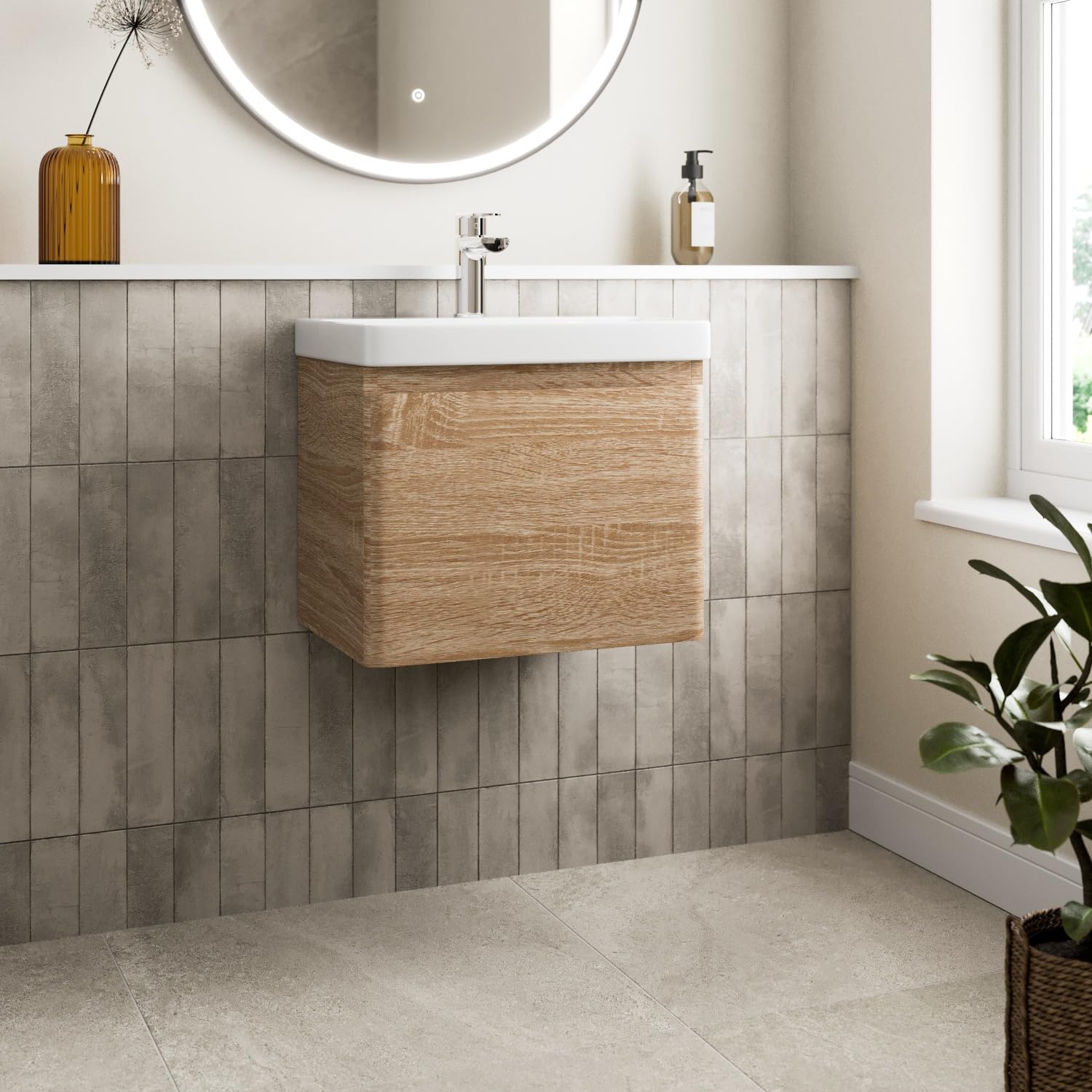 Affine® 500mm Vanity Unit Wash Basin Sink Bathroom Wall Mounted Storage Cabinet Cupboard Cloakroom, Soft Close Drawer, Wood Oak Effect