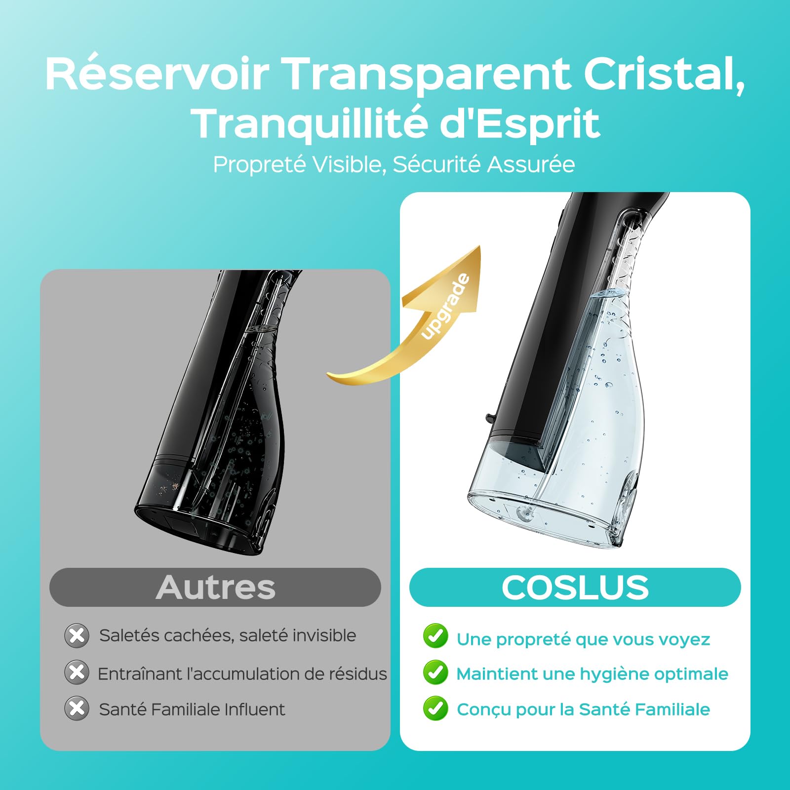 COSLUS C20 Jet Dentaire Hydropulseur Portable 300 ML Sans Fil Irrigateur Dentaire Hydropulseur Dentaire Double Débit d'eau Water Oral Flosser Étanche IPX7 Pour La Maison et Les Voyages Noir