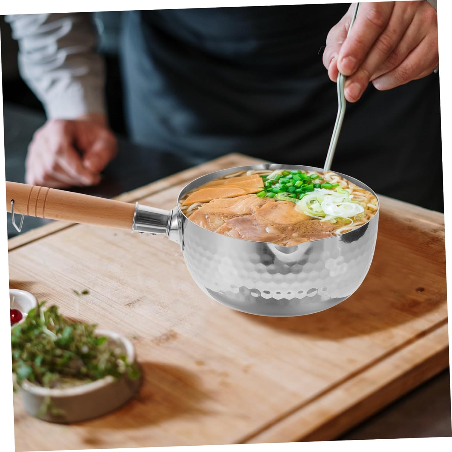 Stainless Steel Yukihira Saucepan with Wooden Handle Soup and Milk Heating Pot for Stovetop Cooking for Stews Lobster and Pasta Dishwasher Safe