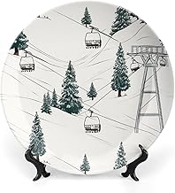 Decorative Plate 7inch Ski Lift With Fir Tree Ceramic Dinner Plate with Display Stand Ceramic Dinner Plates for Living Room Crafts Art Hanging Porcelain Plates Home Decor Accessories