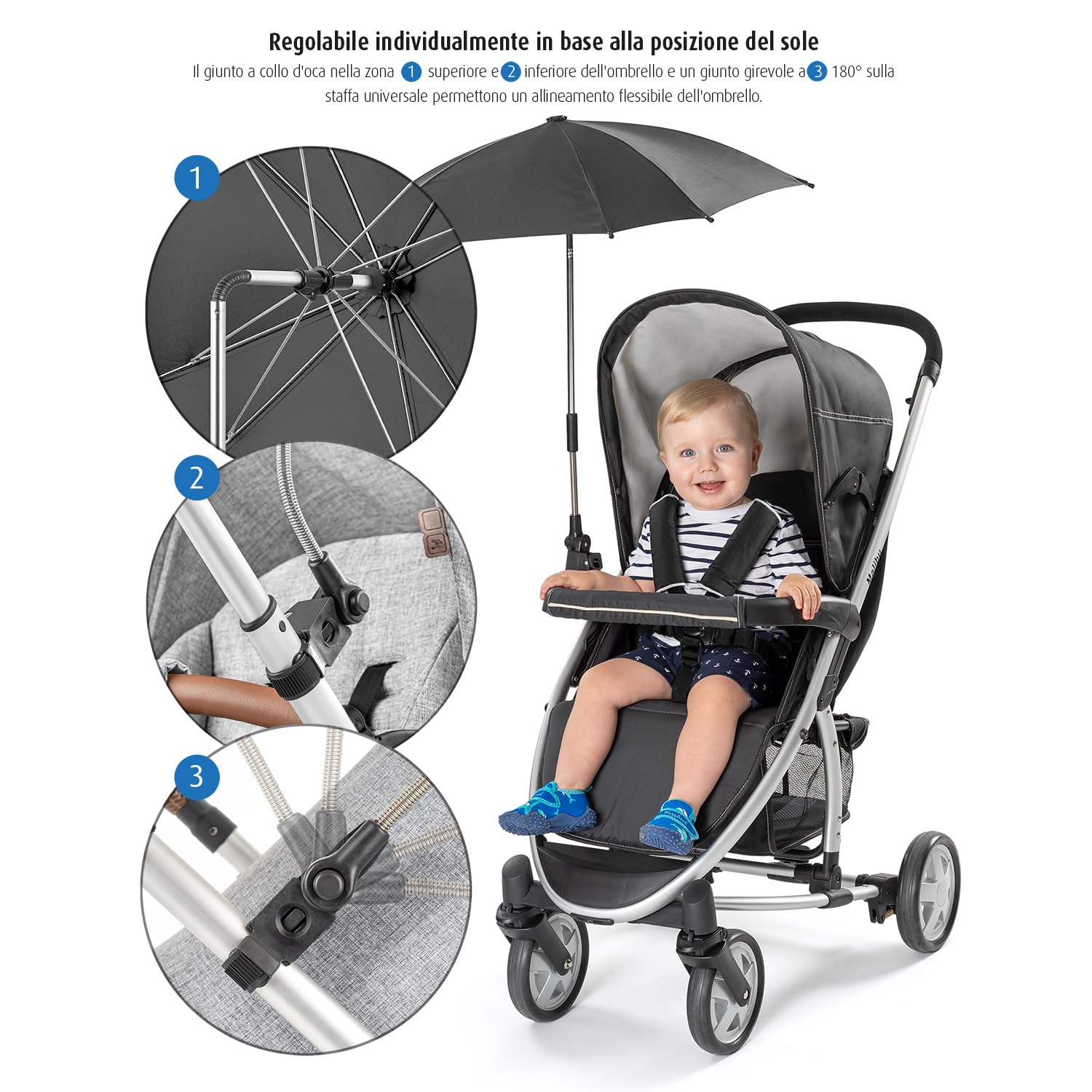 reer ShineSafe - Ombrellone universale per passeggino, girevole e inclinabile, colore: Nero