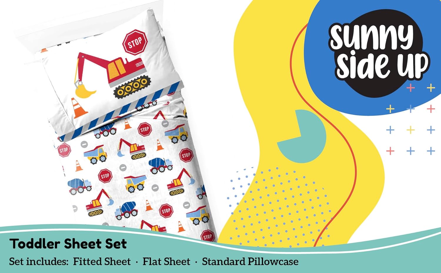 Sunny Side Up Construction Zone Toddler Sheet Set - 3 Piece Toddler Bedding Set Includes Pillow Cover - Super Soft Trucks Microfiber Sheets