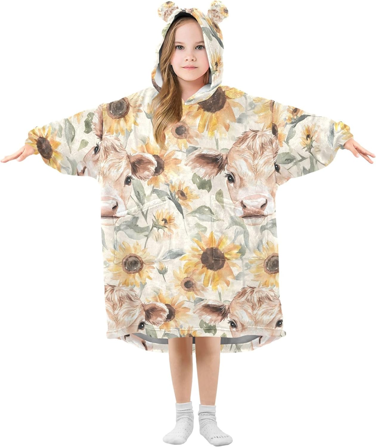 Highland Cow Sunflower Cute Kids Wearable Blanket Hoodie and Sleeves for Toddlers, Cute Hoodies Girls B0403918