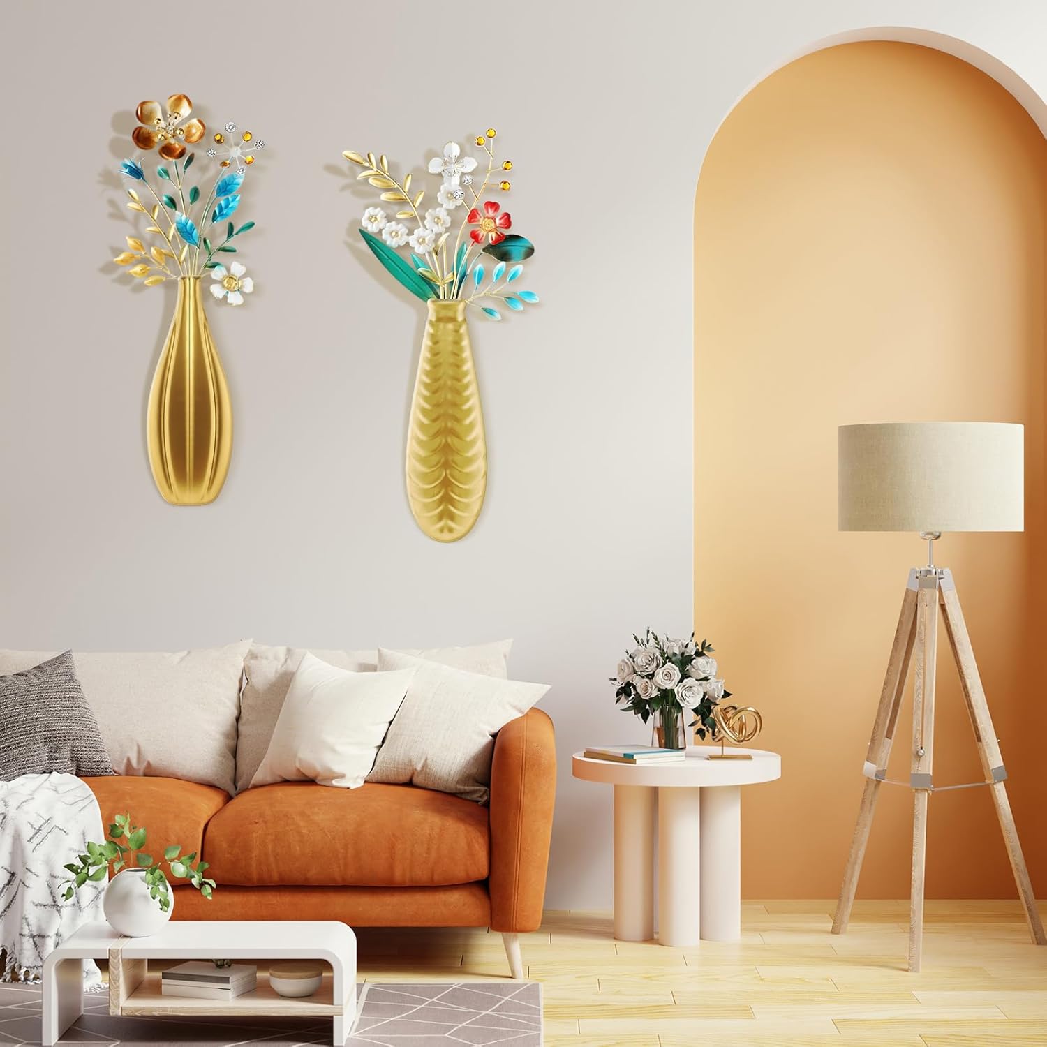 Tandefio 2 Pcs Metal Flowers Wall Decor 15.8 x 7.9 Inch Fall Dimensional Metal Wall Art 3D Textured Hanging Flower Sculptures Metallic Artwork Decor for Bedroom Living Room Bathroom Kitchen Office