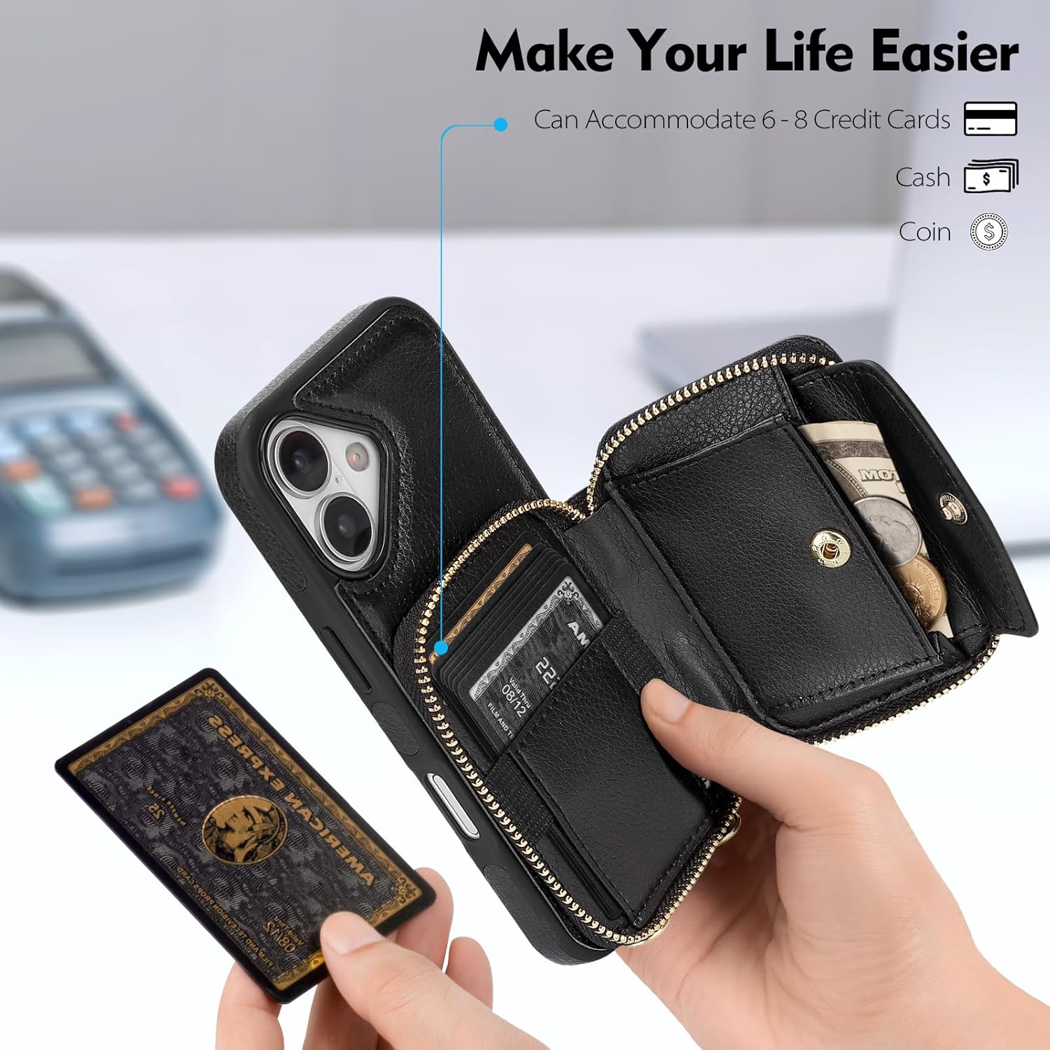 Compatible with iPhone 17 Wallet Case Women,RFID Blocking Crossbody Phone Purse Case PU Leather Zipper Handbag Wrist Strap Cover Credit Card Holder,for Apple 17 6.3",(Black) - Image 2