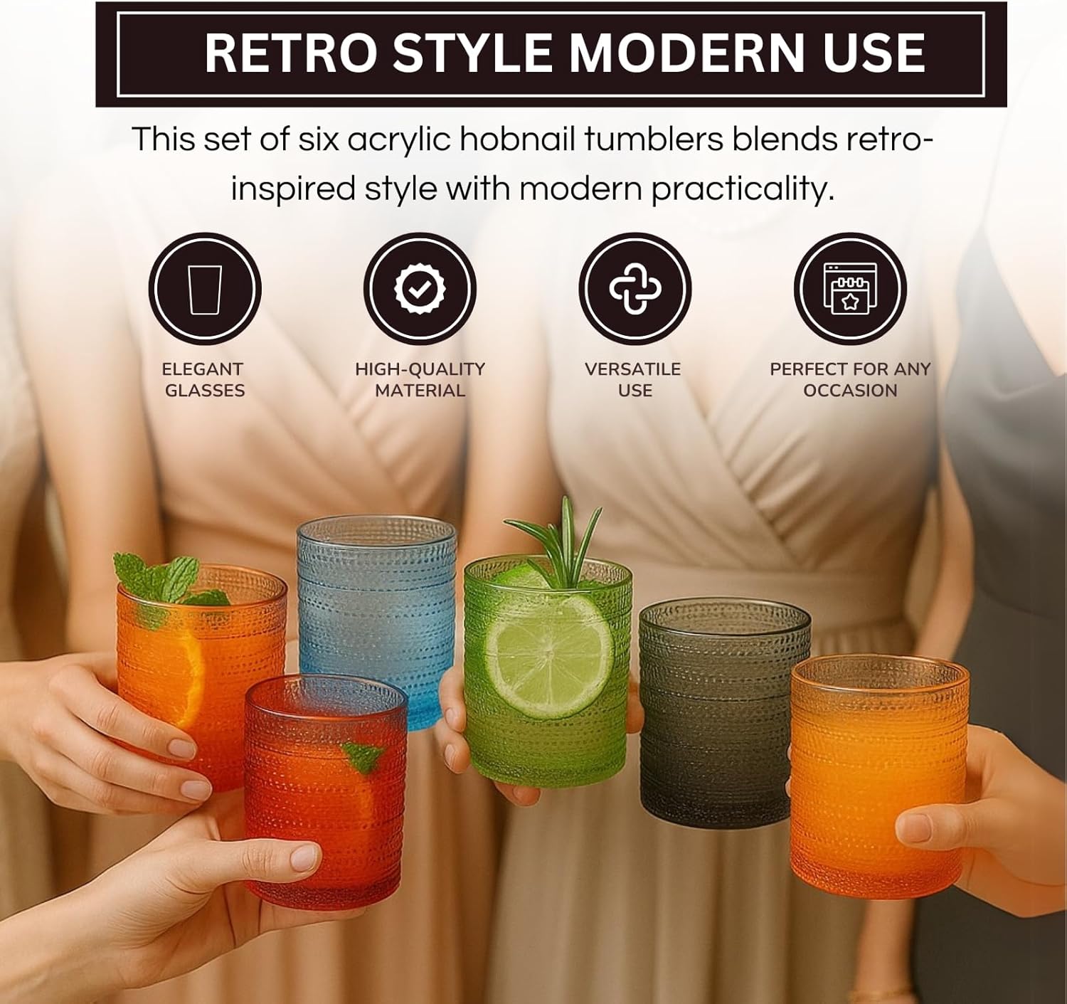 Khen Plastic Hobnail Drinking Glasses Set of 6 Neutral Tones Cups 14oz, Shatterproof & Unbreakable Acrylic Beaded Design, BPA-Free, Dishwasher Safe Indoor/Outdoor Drinkware for Water, Juice, Cocktails - Image 6