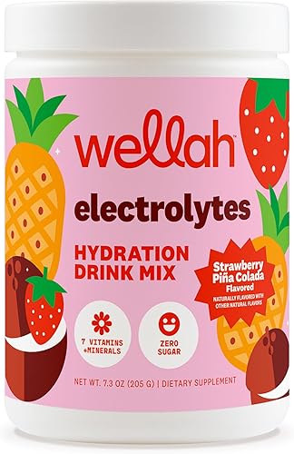 Wellah Electrolytes Powder (Strawberry Pina Colada) 50 porciones - Mezcla de bebidas hidratantes, 7 vitaminas y minerales, cero azúcar