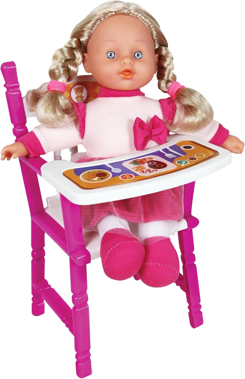 Lissi: 12" Doll Set: Stroller, Bed & Highchair - Blonde Hair - Pink-White-Animal - Feeding-Sleep-Travel Playset, Foldable Design, Kids-Toddlers Age 2+