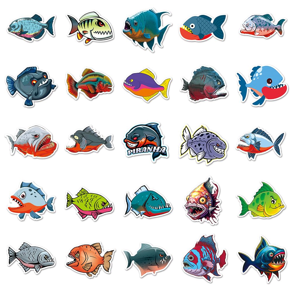 Bold Piranha Vinyl Stickers, 50 PCS Waterproof Illustrated Fish Decals for Laptops Scrapbooking, Journals, Notebooks - Image 2