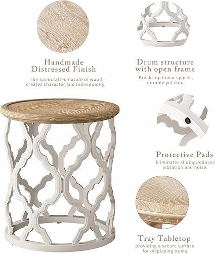 Miniatura 5 de karlott Mesa auxiliar de granja, mesa auxiliar redonda francesa de 18.5 pulgadas, mesa auxiliar con bandeja envejecida con base de marco de motivo