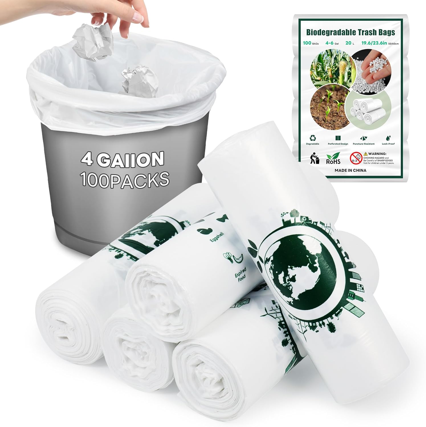 20 Liter Bin Bags Biodegradable - Food Waste Bags 100PCS Small Bin Liners Degradable Compost Bags 100% Recycled - Garbage Bags Rubbish bags for Kitchen, Toilet, Bedroom, Office, Household - Amazon product rated Grade B