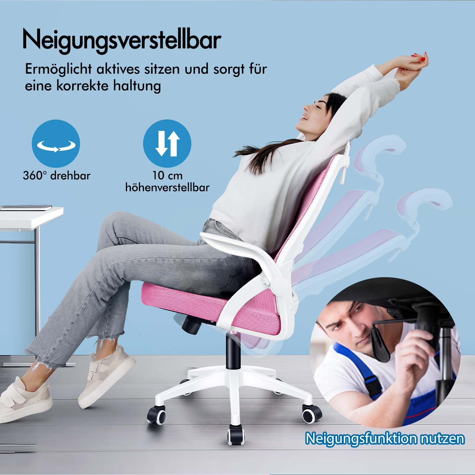 ALFORDSON Bürostuhl Chefsessel Netzstuhl ergonomisch Schreibtischstuhl Wippfunktion höhenverstellbarer,360° Drehstuhl, Computerstuhl Besprechungsstuhl,klappbare Armlehnen,180kg bis belastbar, Rosa