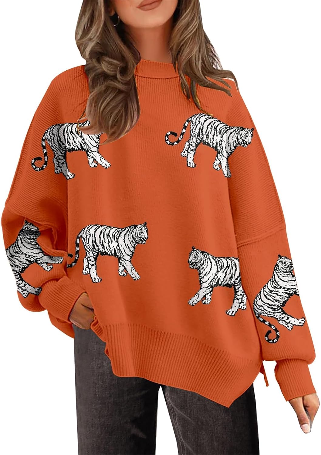 Womens Sweaters Causal Crewneck Batwing Sleeve Knit Top Side Split Oversized Pullover Sweater Loose Jumper - Image 2