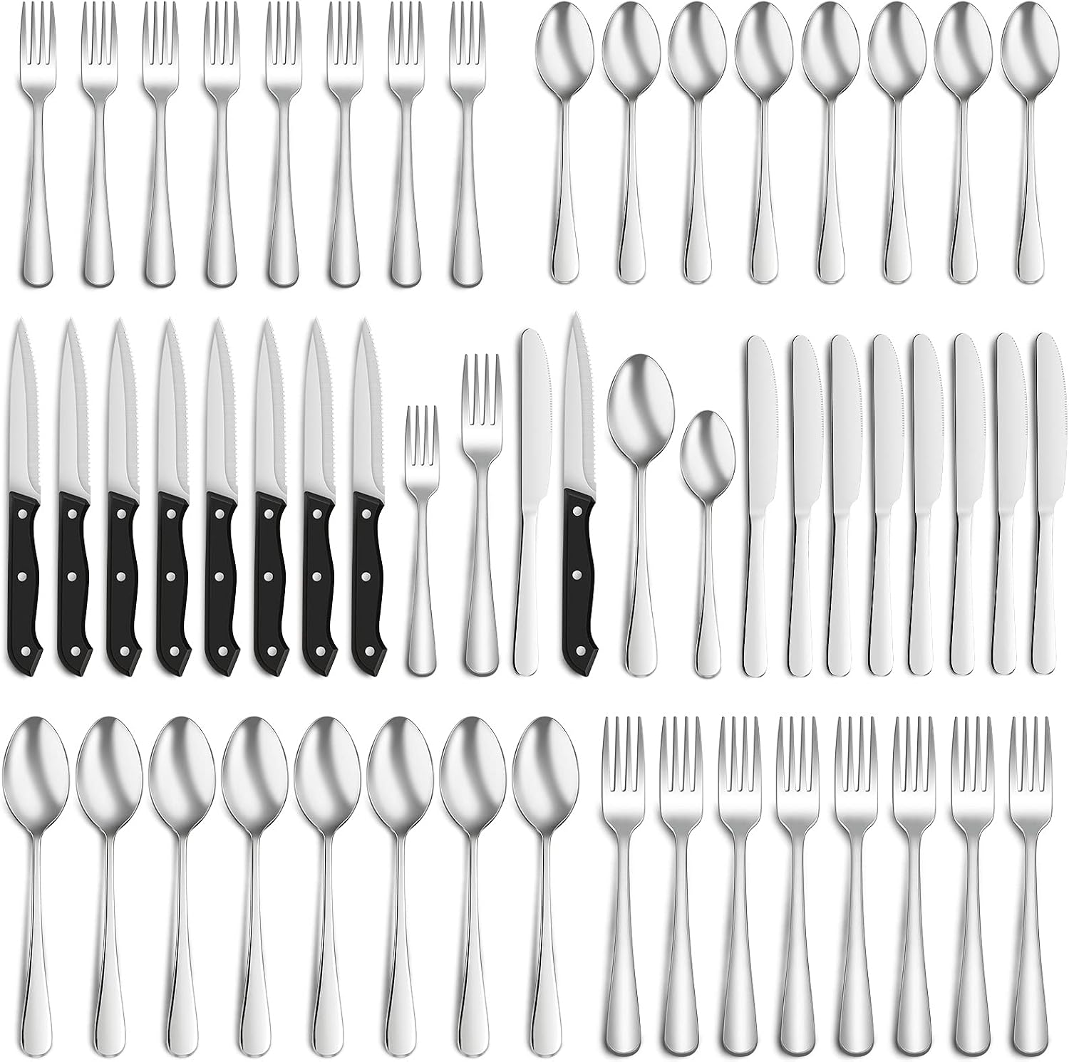 48-Piece Silverware Set with Steak Knives for 8, Food-Grade Stainless Steel Flatware, Includes Spoons Forks Knives, Kitchen Cutlery Set For Home Office Restaurant Hotel, Mirror Finish, Dishwasher Safe
