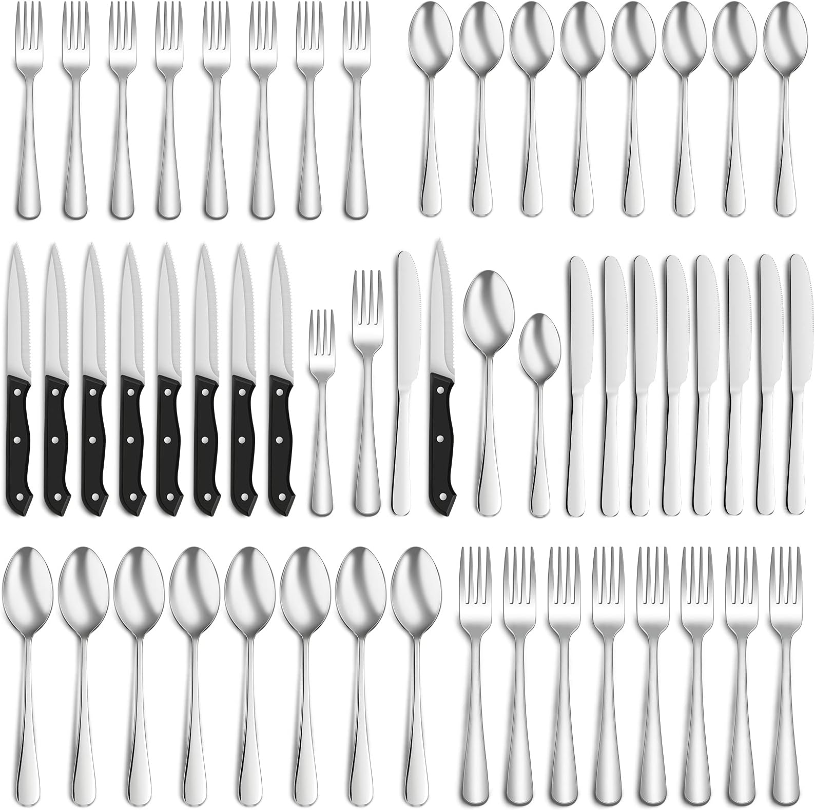 48-Piece Silverware Set with Steak Knives for 8, Food-Grade Stainless Steel Flatware, Includes Spoons Forks Knives, Kitchen Cutlery Set For Home Office Restaurant Hotel, Mirror Finish, Dishwasher Safe