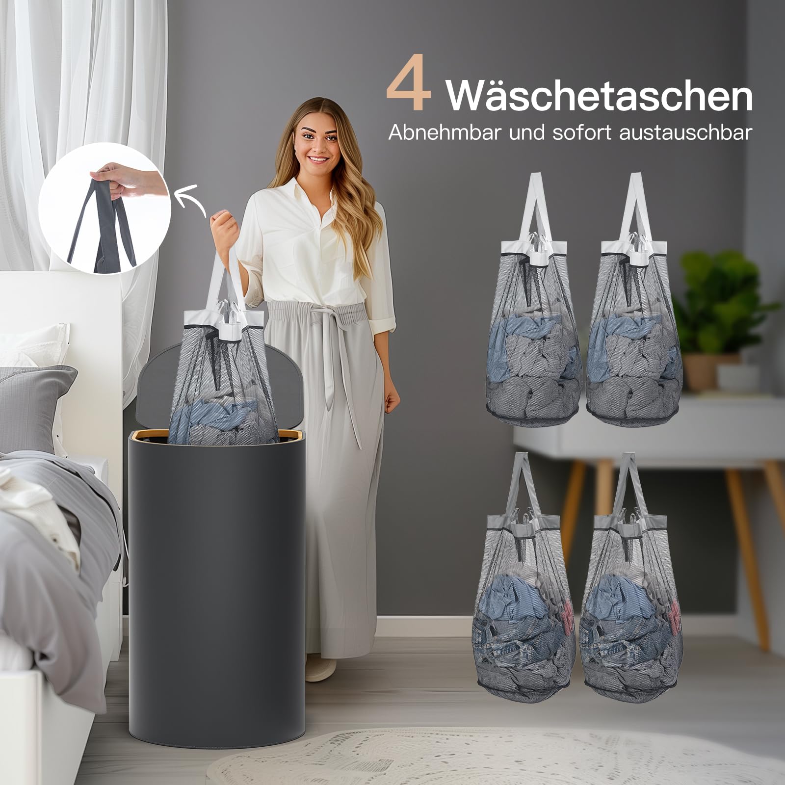 2er Pack Wäschekorb mit Deckel 140L Groß Kapazität - Wäschesammler mit 2 Fächer zum Sortieren der Schmutzwäsche, 4 Abnehmbar Innensäcke, Faltbare Laundry Baskets und Einfach zu Montieren