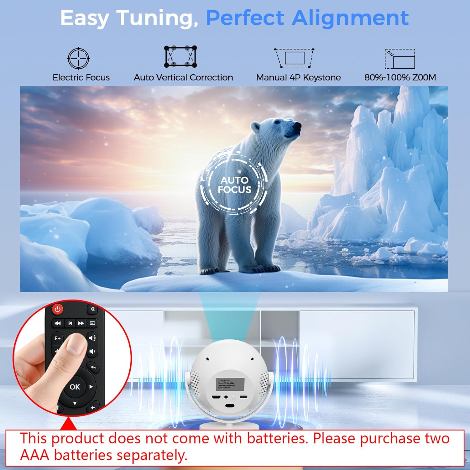 Easy Tuning, Perfect Alignment features: Electric Focus, Auto Vertical Correction, Manual 4P Keystone, 80%-100% ZOOM