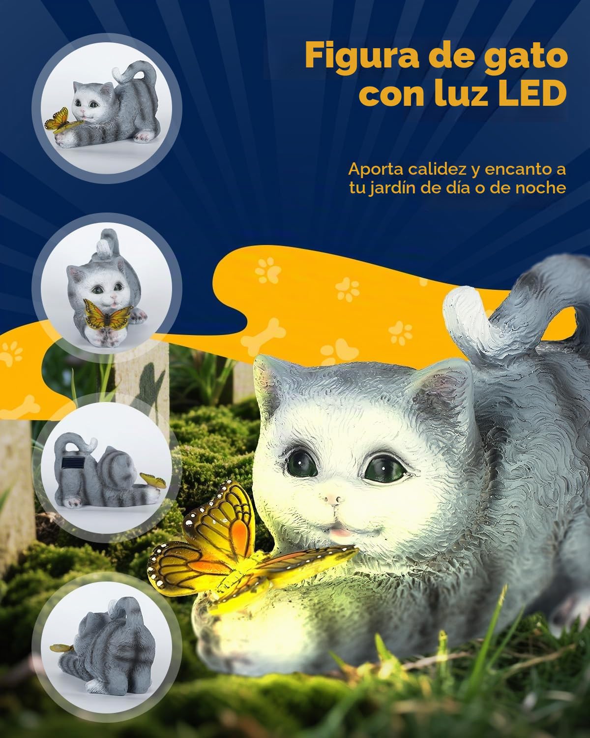 Pawfly Estatuas Solares Jardín, Decoración Solar Exterior, Decoración Gato con Luz Mariposa, Figura Resina Gato, Estatuas Gato Exterior Luces Solares para Jardín, Terraza, Balcón, Porche, Césped y Pat