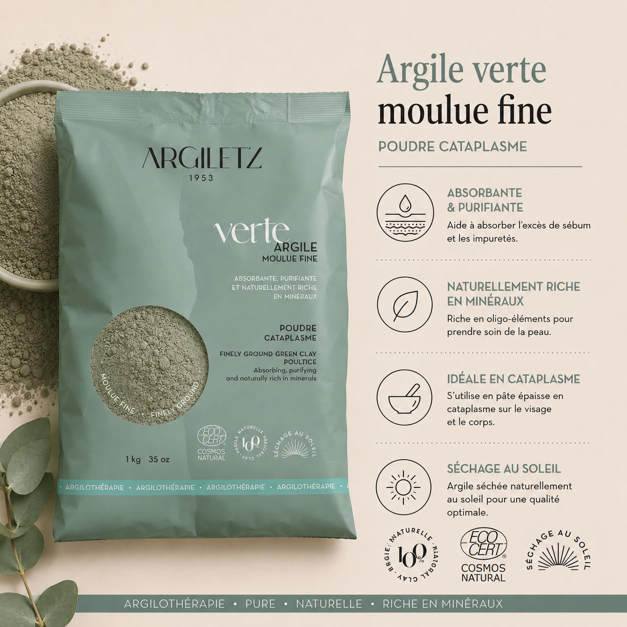 Argiletz - Argile Verte en Poudre Moulue Fine 1 kg – Illite Naturelle Séchée Au Soleil – – Cataplasme, Masque Visage Corps - Usage Externe – Argile Pure - Certifiée Cosmos Natural, Ecocert