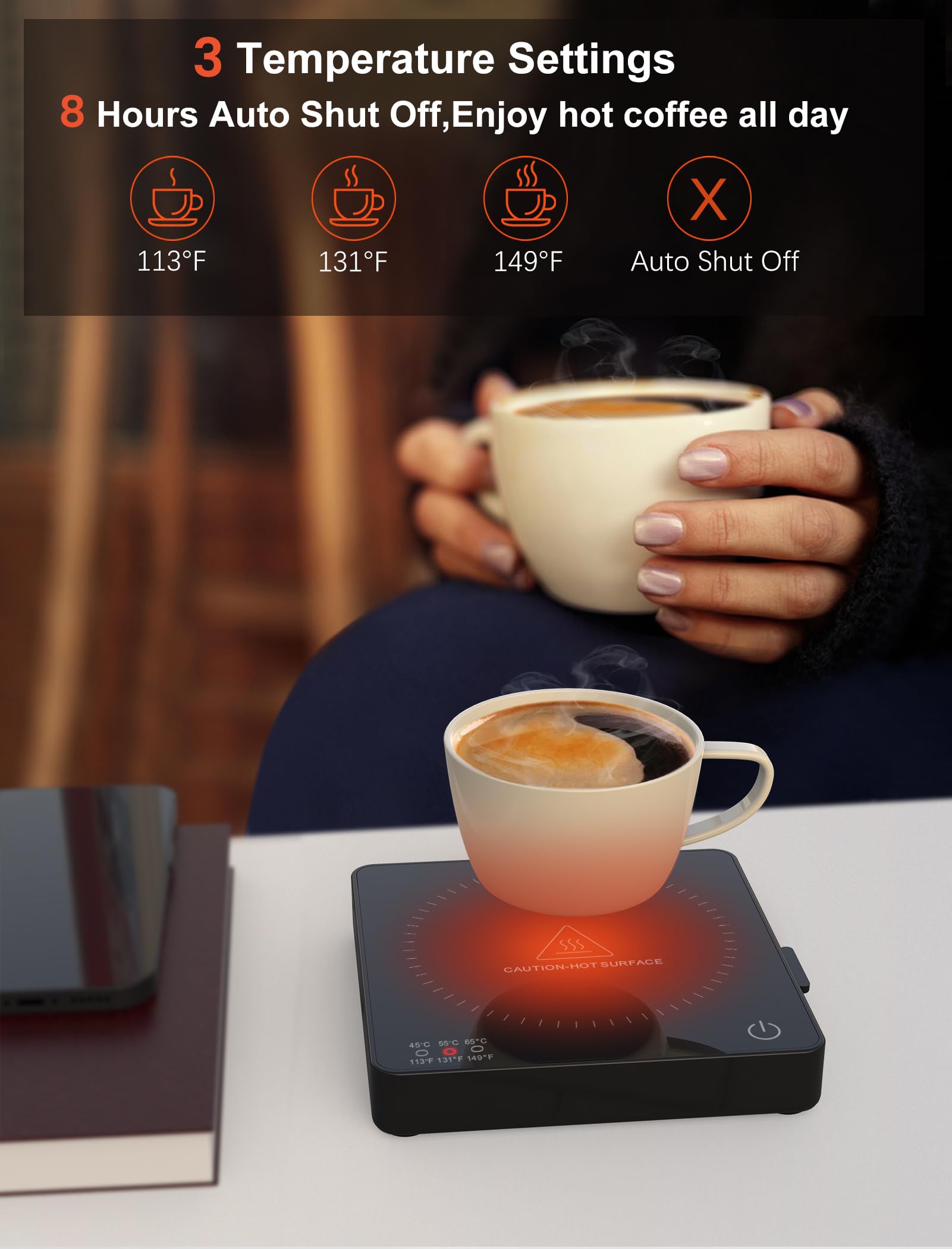 Calentador de tazas de café con cargador inalámbrico de 15 W, apagado automático y carga USB-A, calentador de tazas 3 en 1, calentador de velas, soporte para teléfono, 3 ajustes de temperatura,