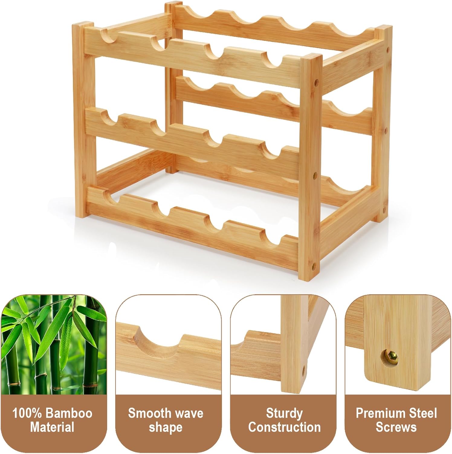 Bamboo Wine Rack, 3-Tier 12 Bottles Wine Storage Cabinet Shelf, Easy-Assembly Freestanding Bamboo Wine Racks Countertop for Kitchen Pantry Dining Room Bar, Natural