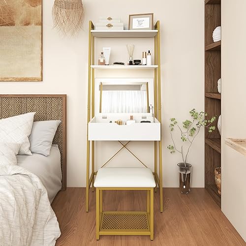 Miniatura 9 de CHARMAID Juego de escritorio de tocador de escalera  Mesa de tocador de maquillaje con espejo abatible, taburete acolchado, 4 compartimentos de