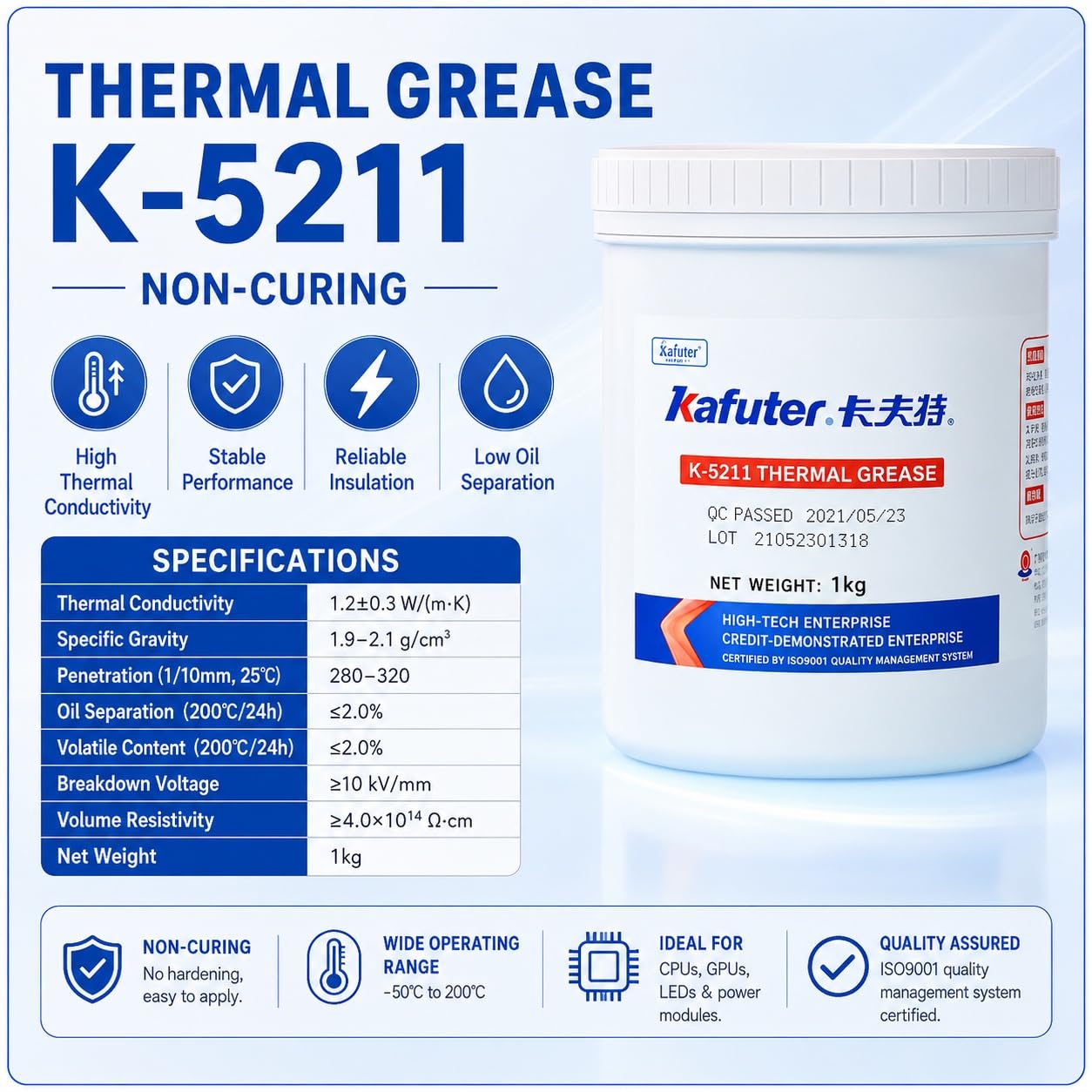 VIDOO Kafuter K-5211 Silikonkleber Nichthärtendes Silikonharz Weiß Wärmeleitpaste für Übertaktung CPU Mikroprozessor Niedriger Wärmewiderstand Silikonfett Silikonkleber, 1000g