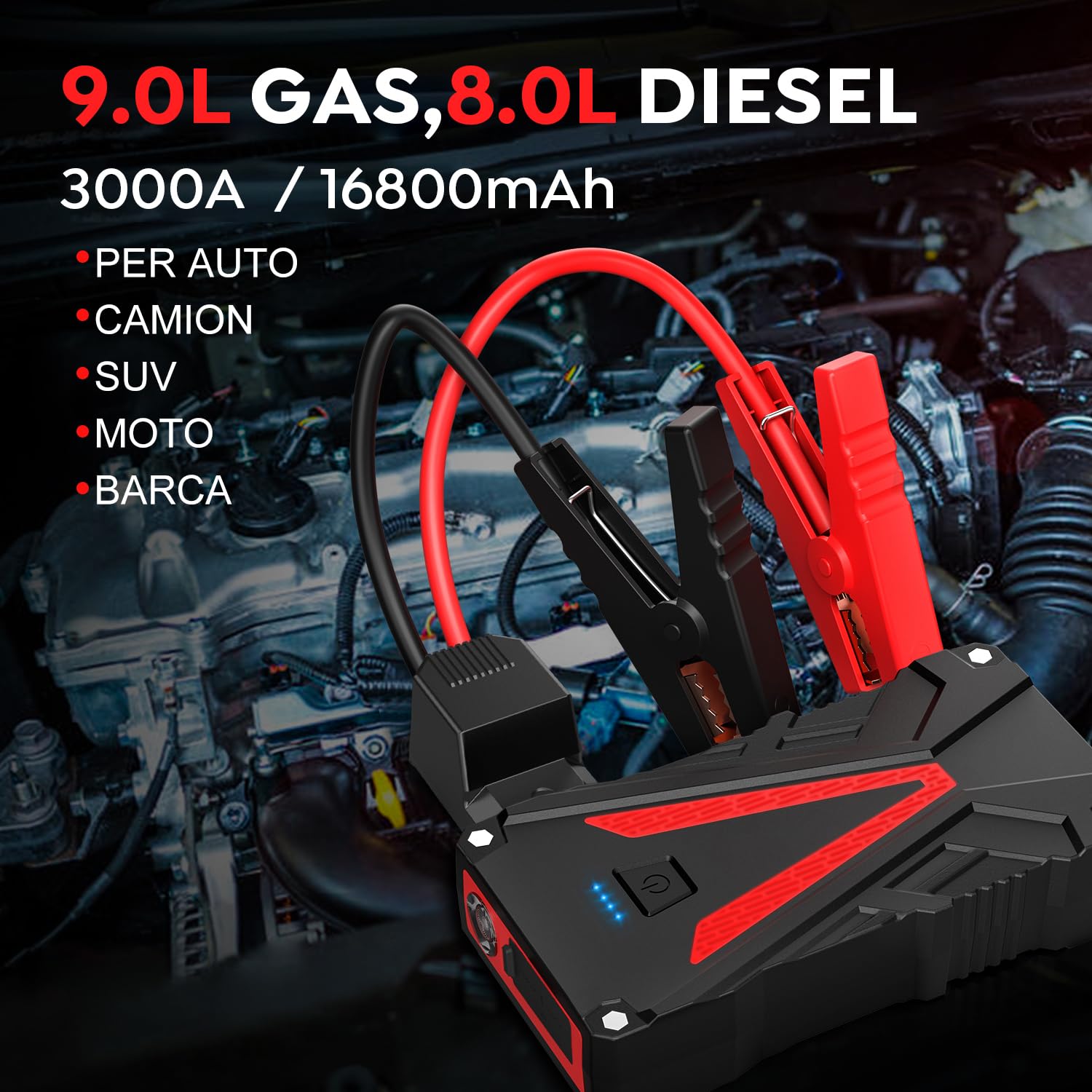 Avviatore Batteria Auto Portatile 7000A | Per Auto, Moto, Barche | Fino A 8.0L Benzina / 6.0L Diesel | Torcia LED E Power Bank USB