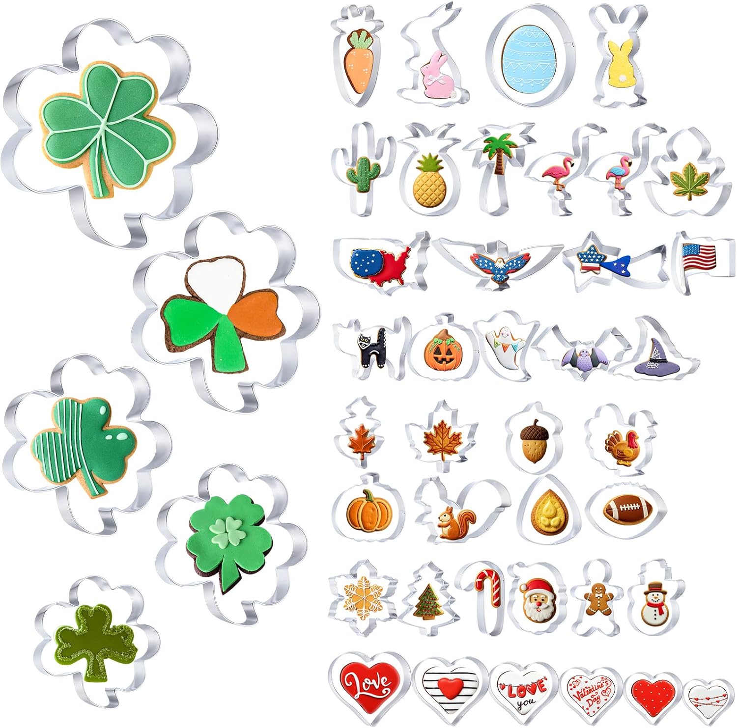 Maxdot Set of 44 Seasonal Cookie Cutters, Valentines Day Stainless Steel Molds Cookie Cutters for Valentines, Galentines, Easter, Summer, Halloween, Christmas, 4th of July, Holiday, All Seasons