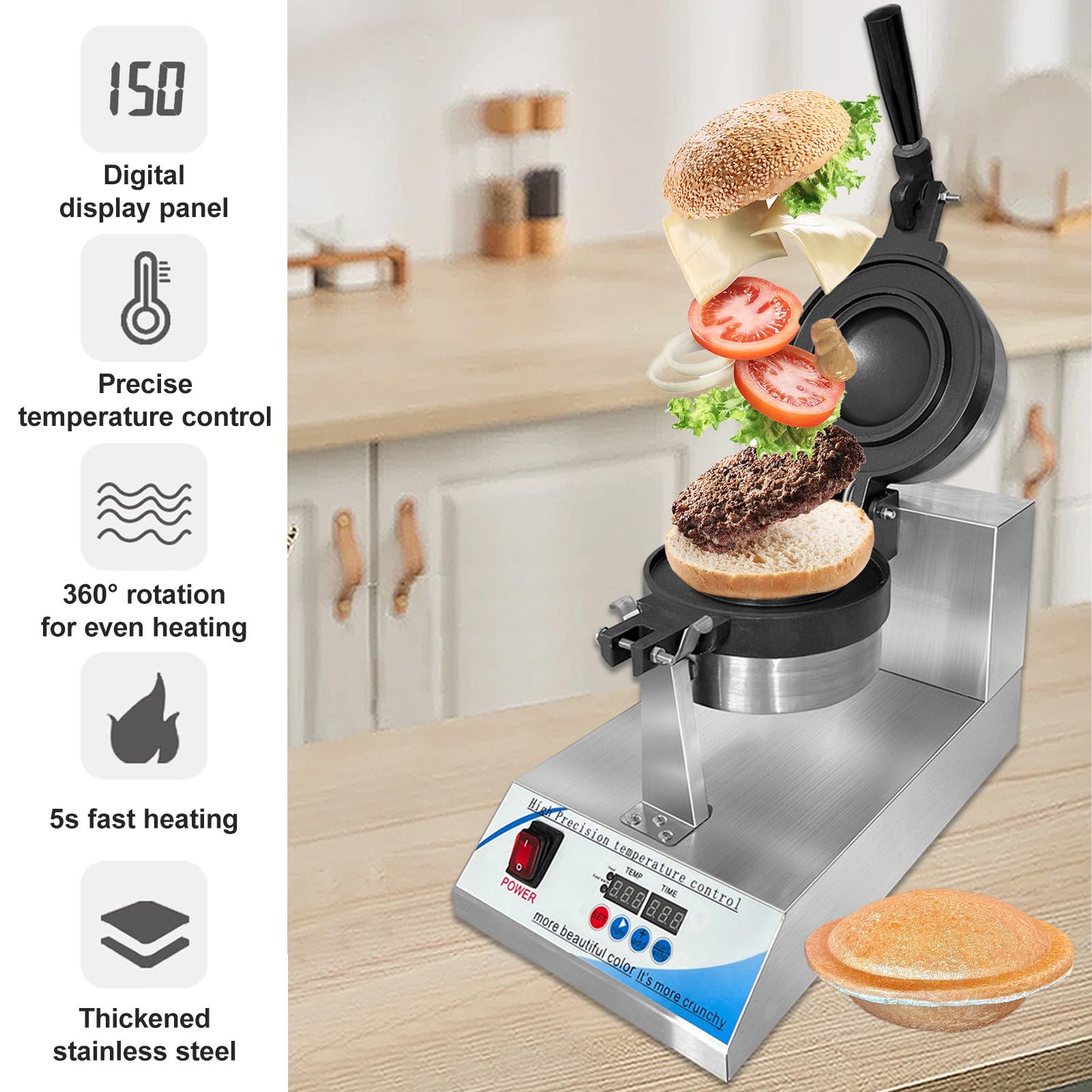 Máquina para hacer waffles y hamburguesas comercial, panel de control con pantalla digital, calentamiento de doble cara de 50 a 220 ℃, temporizador de 0 a 9'59", máquina para hacer hamburguesas eléc