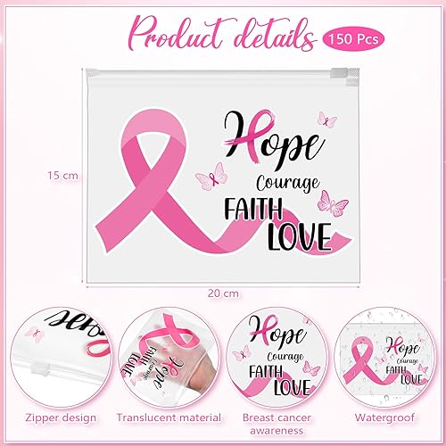 Miniatura 2 de Abbylike 150 bolsas de maquillaje para concientización sobre el cáncer de mama, bolsas de cosméticos rosadas a granel, regalos para sobrevivientes