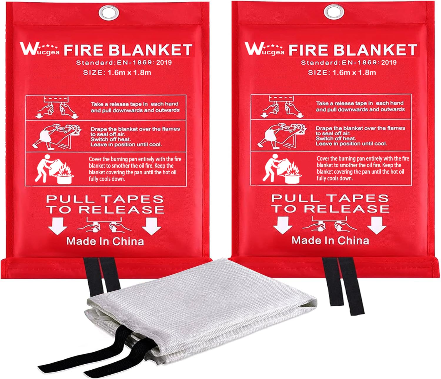 wucgea Löschdecke 160x180 für küche - 2 Pack Feuerlöschdecke DIN EN 1869:2019 Sicherheit Glasfaser Brandschutzdecke für Fettbrände Auto Schule Kamin Grill Büro Garage Schweißen Lager