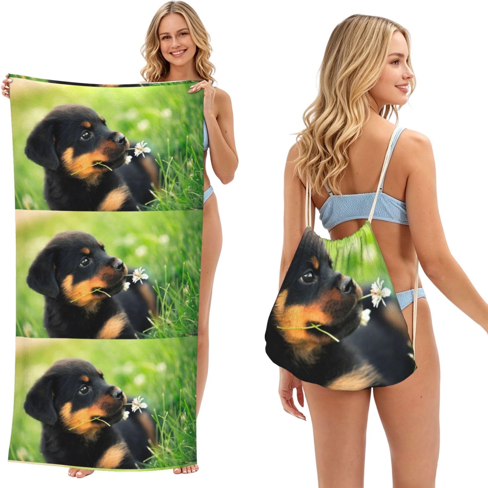 Poadnly As Picture Animal Animal Cute Dog Puppy Rottweiler, 2 In 1 Packable Towel Bag, Beach Towels With Drawstring Backpack For Travel Holiday Camping